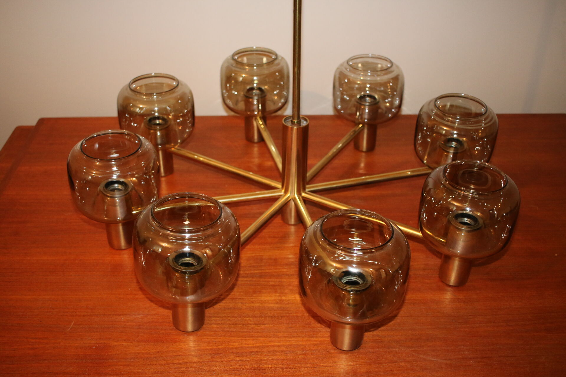 Mid-century 8-arm brass & glass chandelier