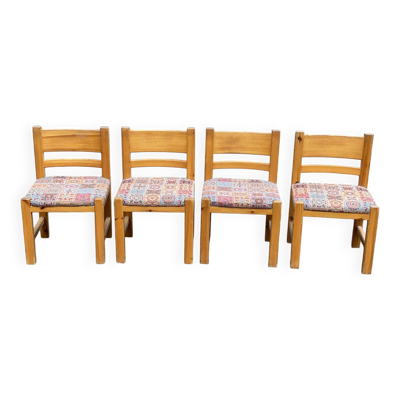 4 chaises scandinaves brutalistes Maison Regain bois massif et tissu fleurs