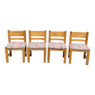 4 Scandinavian Brutalist chairs from Maison Regain, solid wood and floral fabric