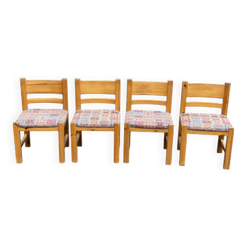 4 Scandinavian Brutalist chairs from Maison Regain, solid wood and floral fabric