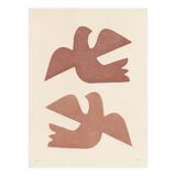 Birds - painting on paper - 30x40cm terracotta - signed Eawy