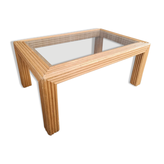 Table basse vitrée en rotin / bambou