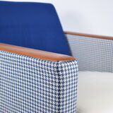 Mid- century modern armchair, 1970s, restored, blue and white velvet, pied de poule fabric