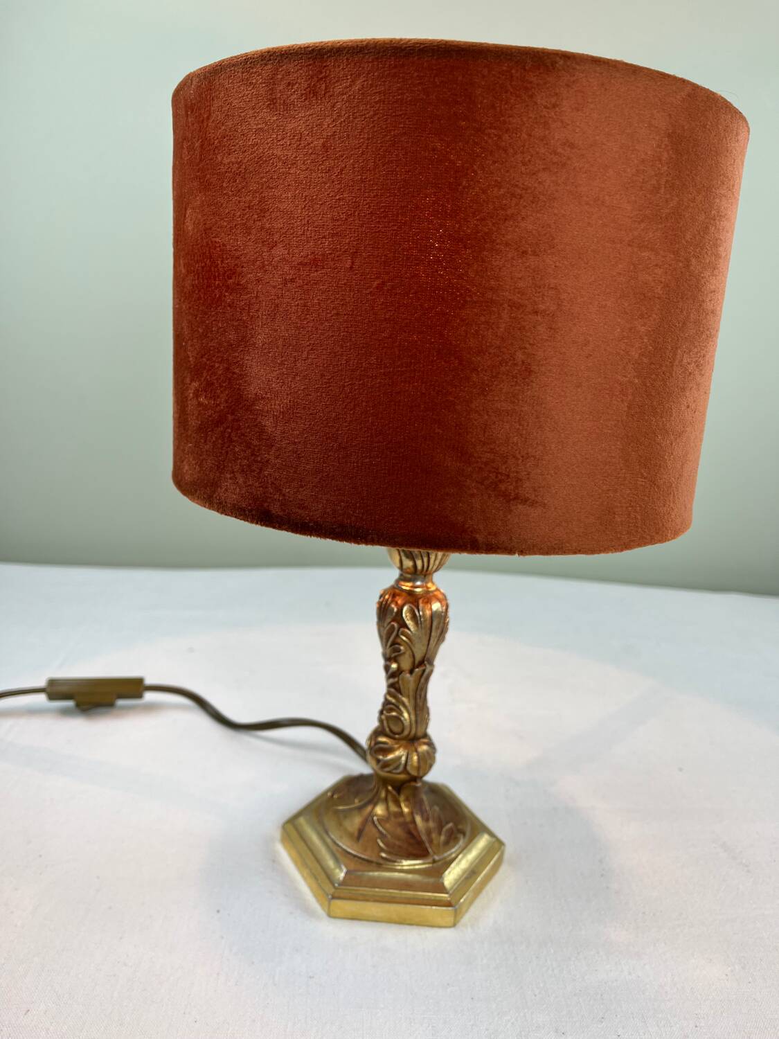 Brass and velvet lamp