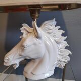 White ceramic horse head lamp beige lampshade and golden interior