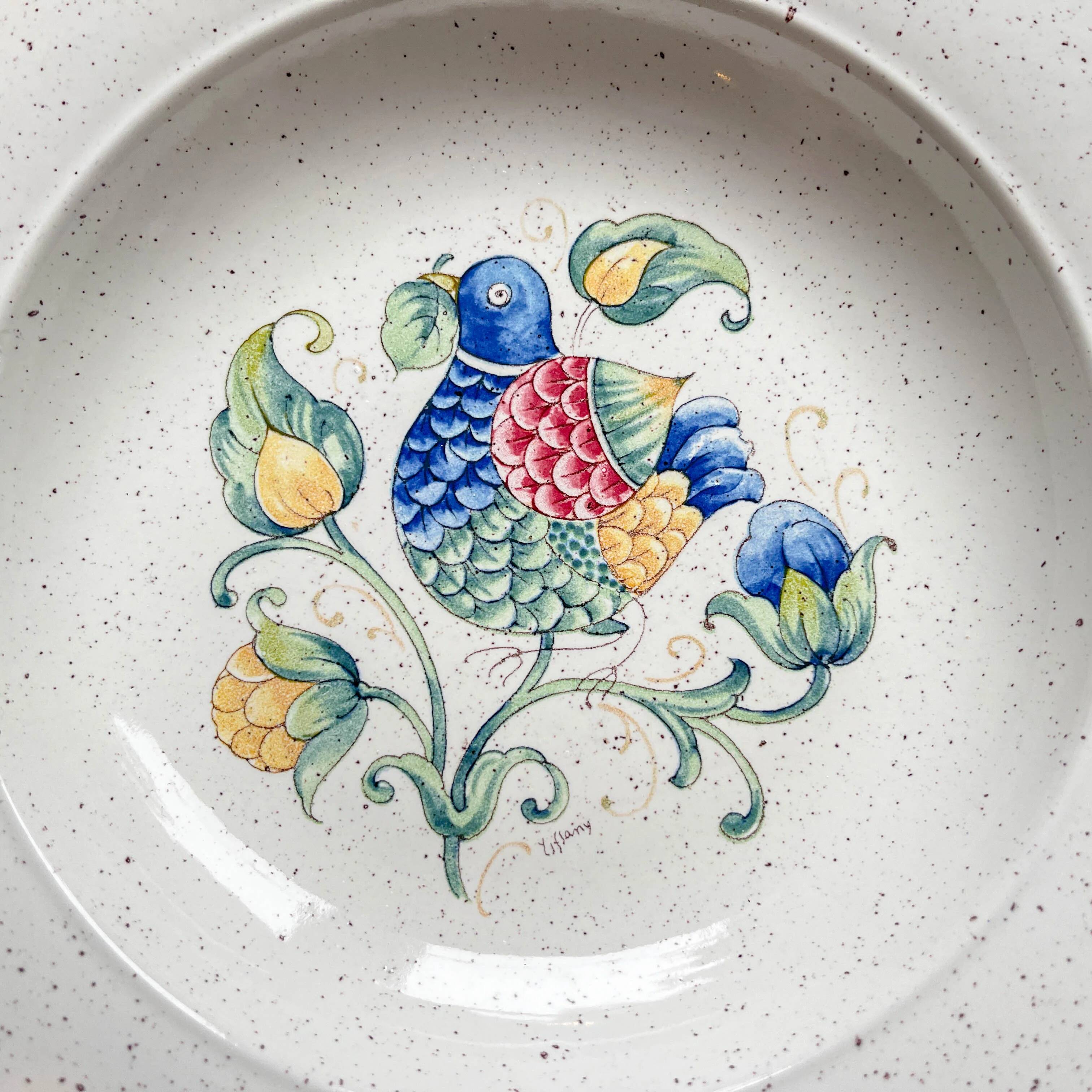 5 Italian speckled earthenware "Tiffany" soup plates - vintage bird motif