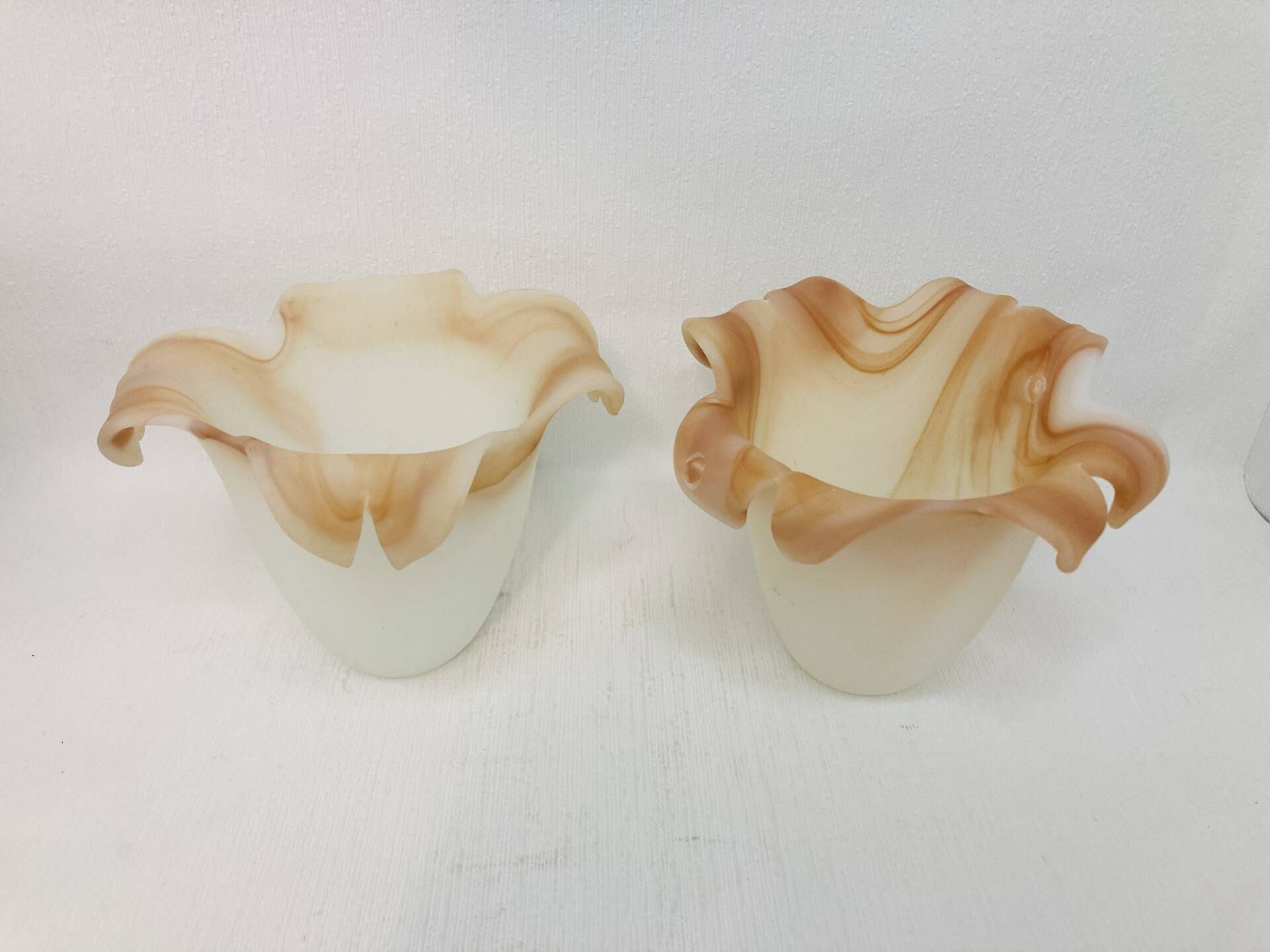 Pair of vintage opaline tulip lampshades with caramel marbled frill edge.