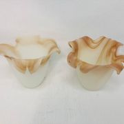 Pair of vintage opaline tulip lampshades with caramel marbled frill edge.