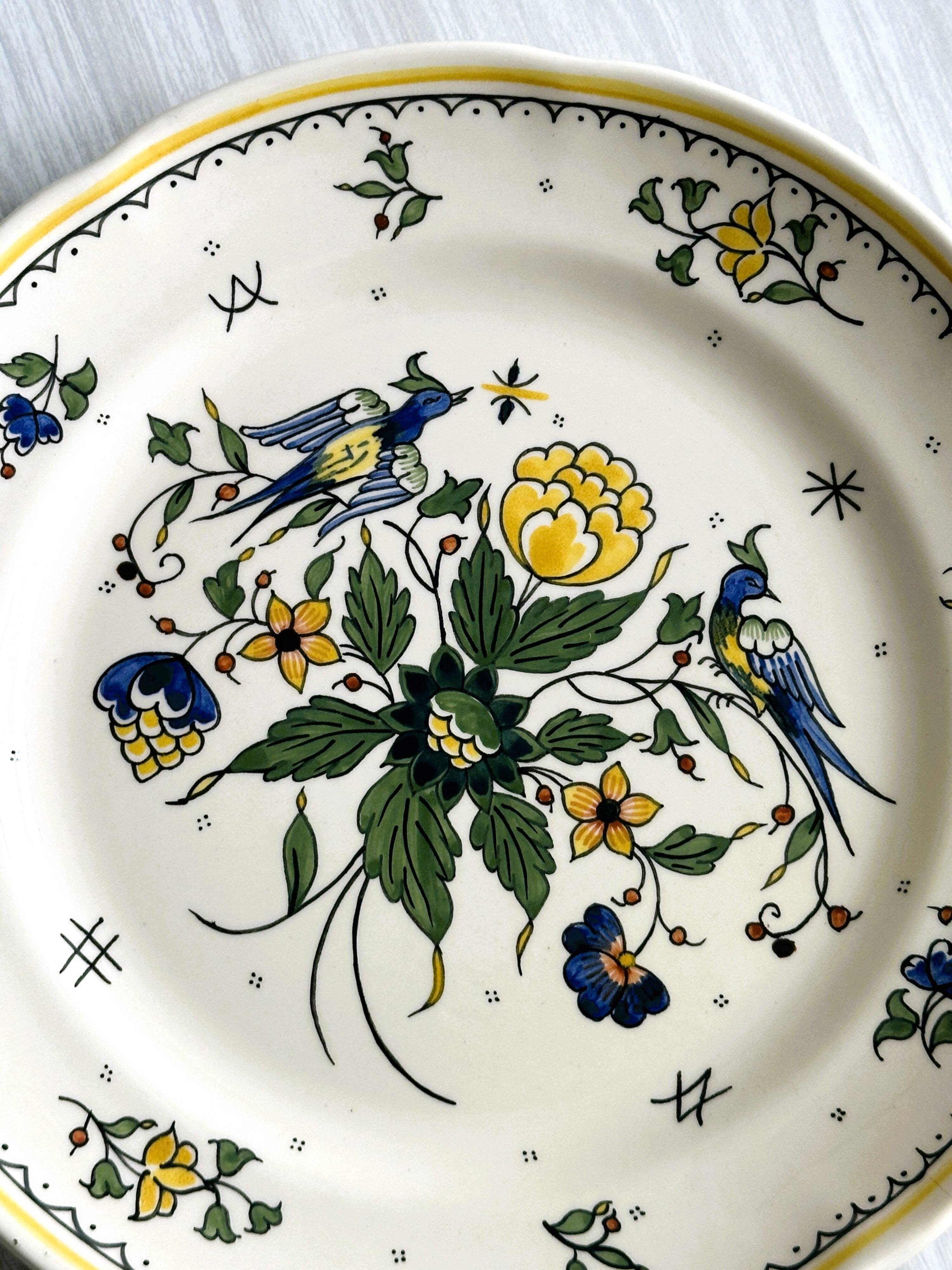 Earthenware plate, hand-painted floral and bird motif