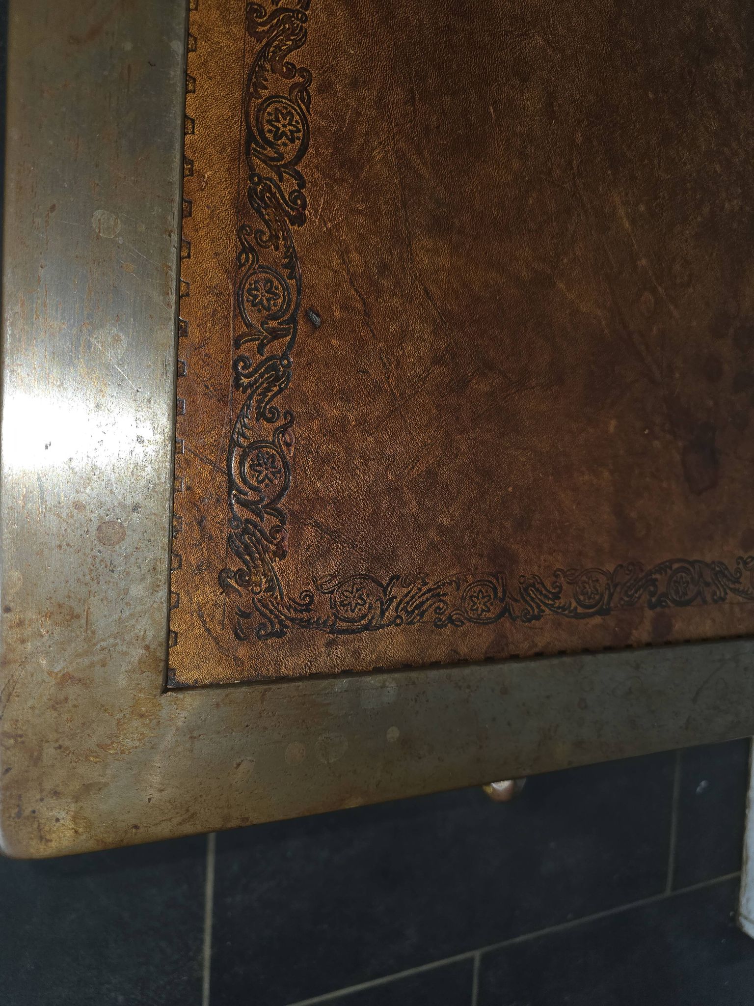 Vintage steel and leather coffee table