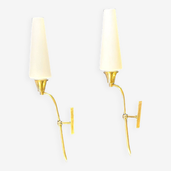 Pair of tall brass and white opaline sconces, mid-century France