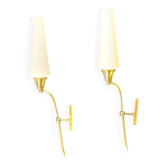 Pair of tall brass and white opaline sconces, mid-century France