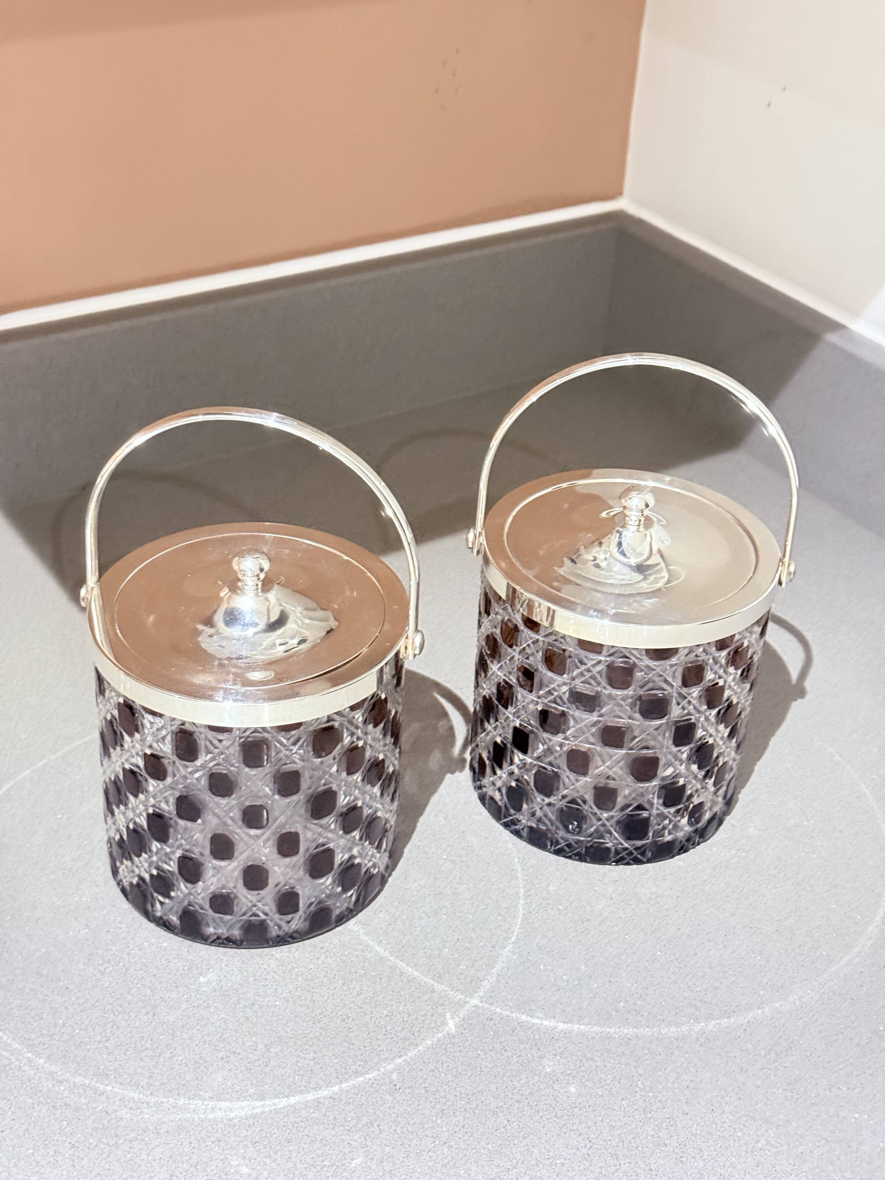 Vintage Cut Crystal Biscuit Box / Ice Bucket with Silver-Plated Lid and Handle