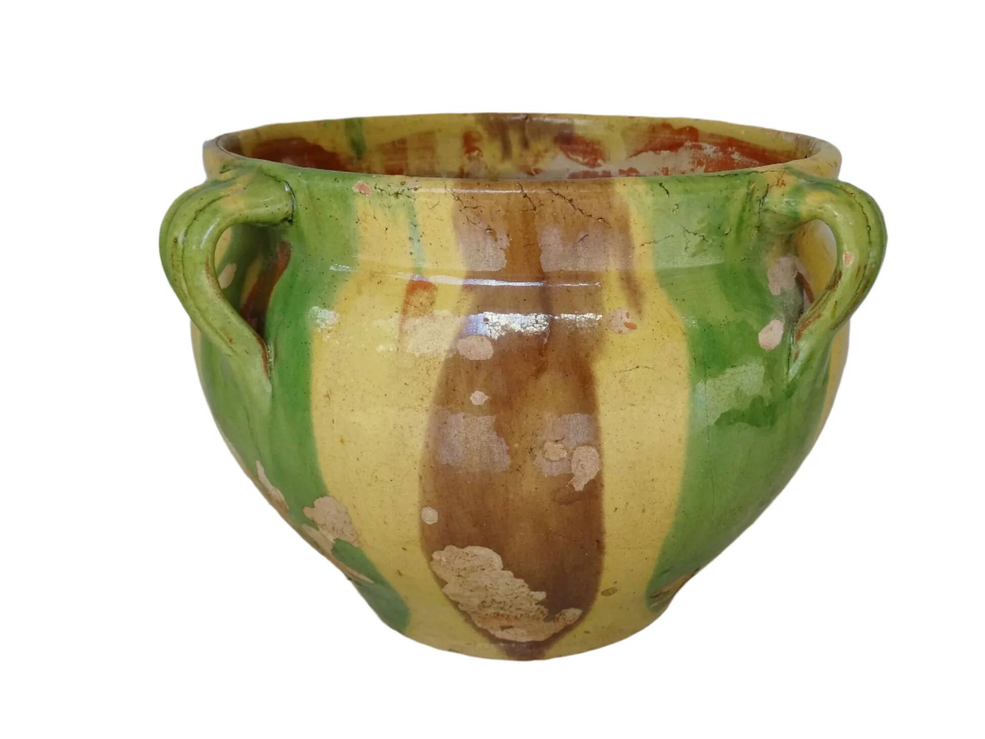 Pot de fleurs ancien en terre cuite émaillée de Castelnaudary, France