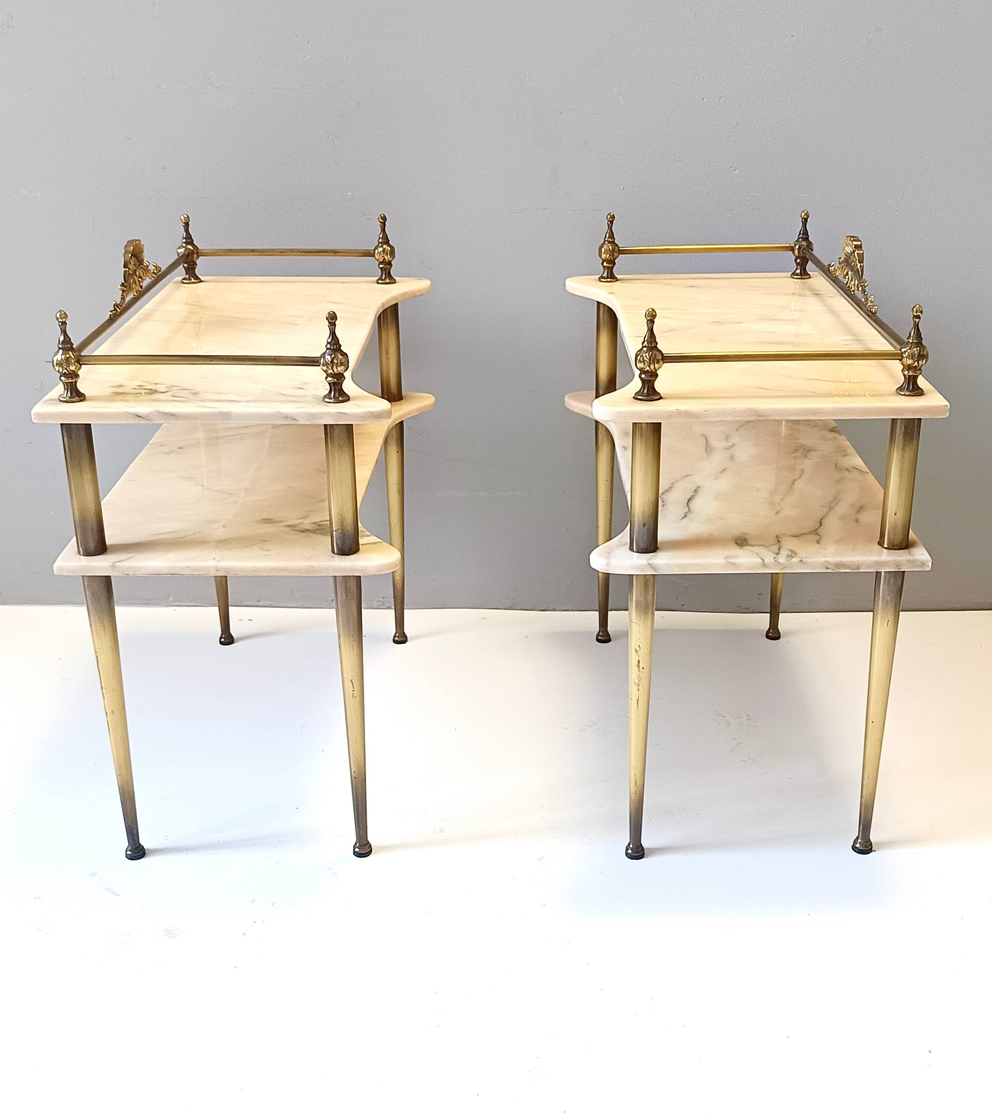 Pair of Nightstands / Console Tables with Marble Tops and Brass Legs, Italy
