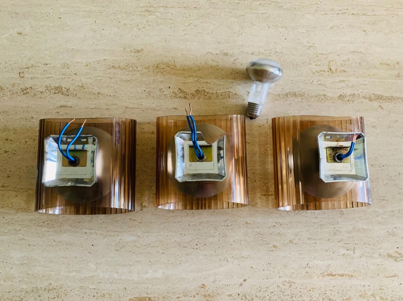 Set of 3 vintage wall lamps in smoked plexiglass, circa 1970's