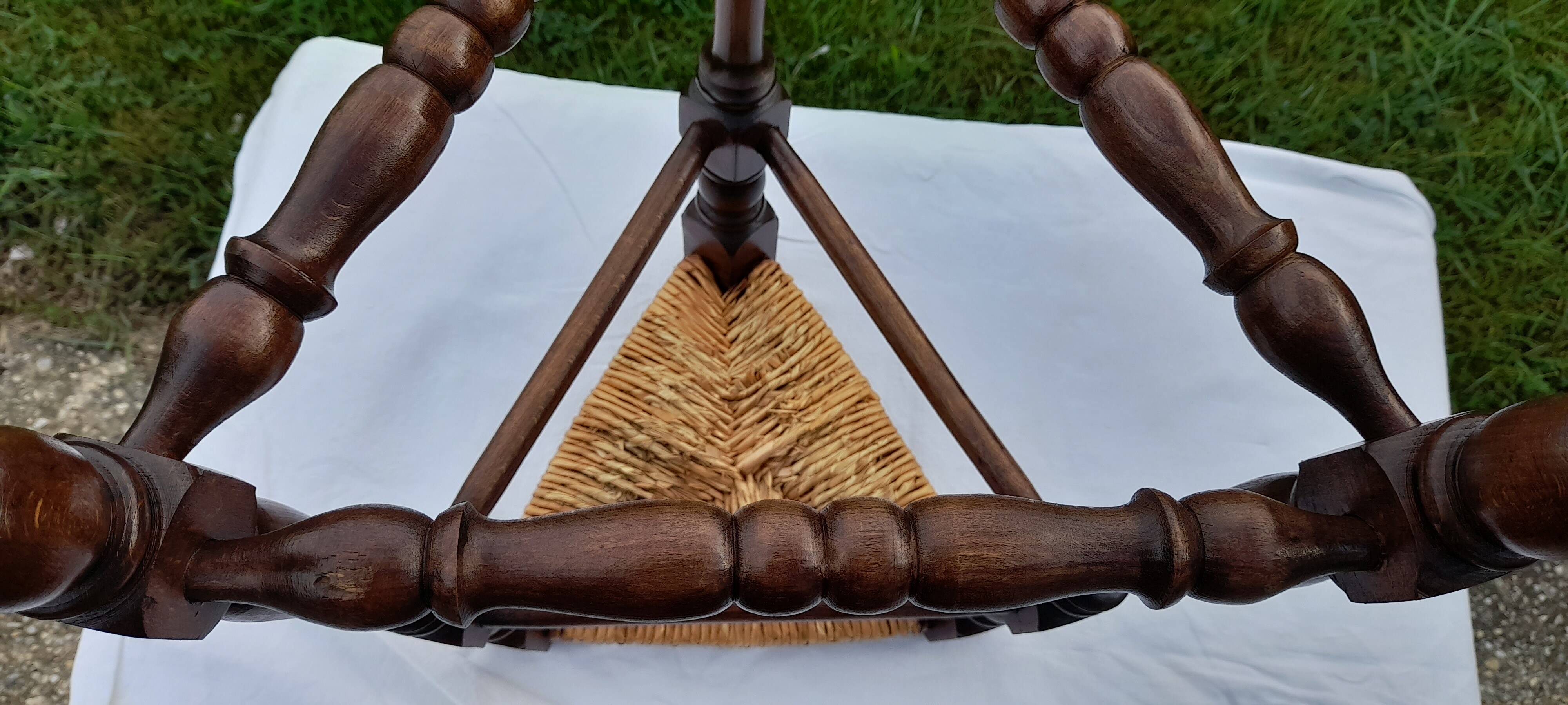 Straw and wooden triangle tripod stool H 47 cm