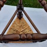 Straw and wooden triangle tripod stool H 47 cm