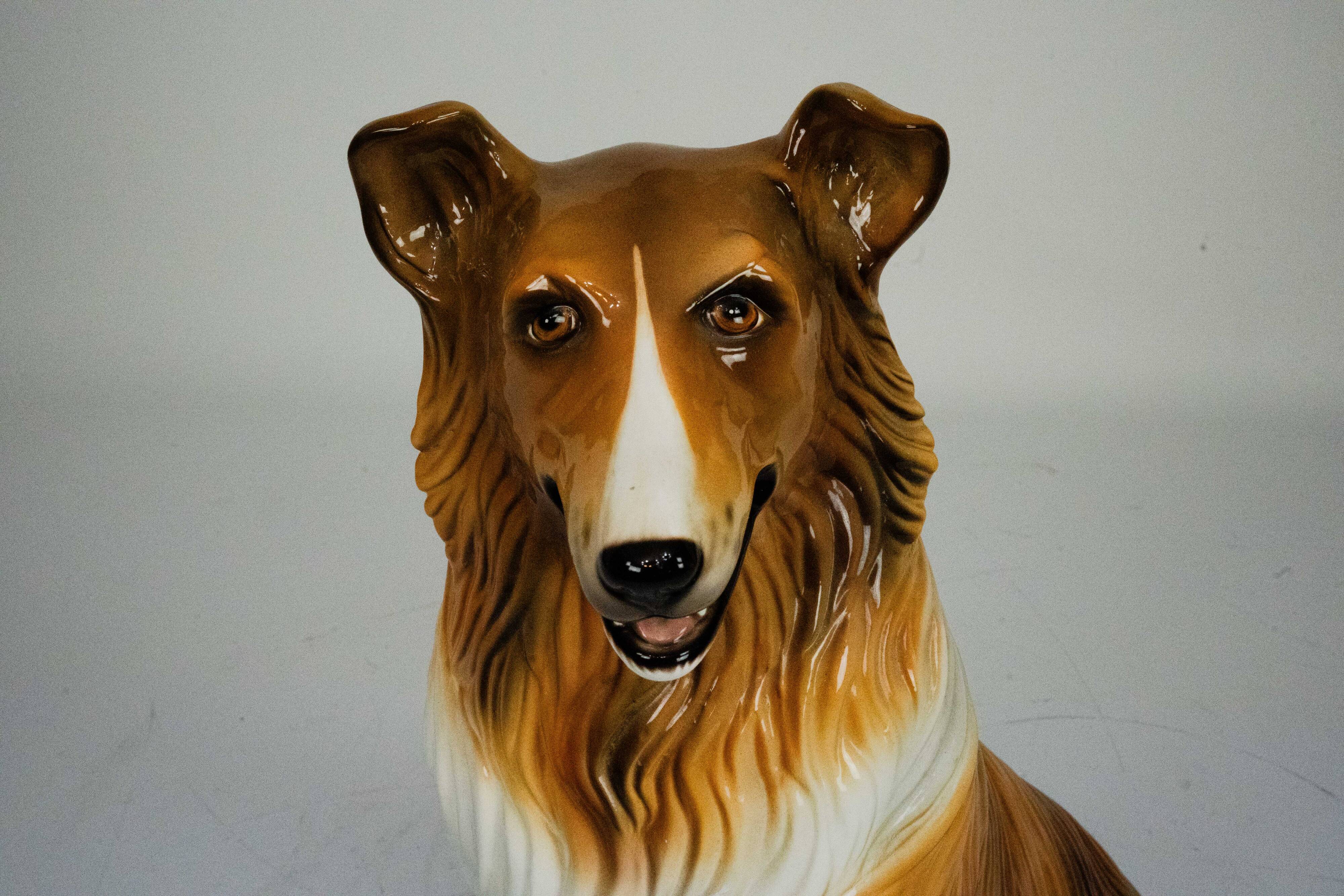 Large Italian Ceramic Sitting Collie Dog Sculpture, 1970s