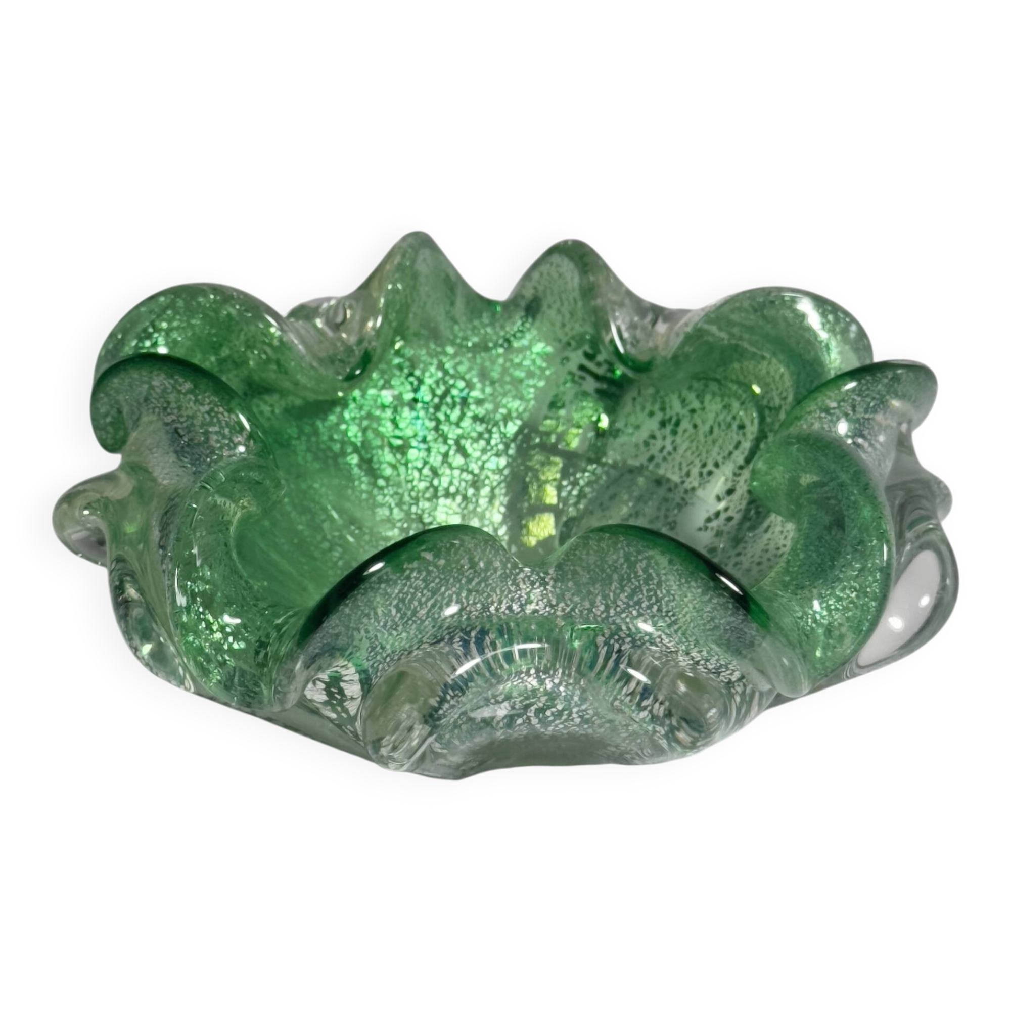 Green Silver leaf particles ash tray by Barovier Toso Murano