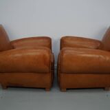 Pair of French club chairs with moustache back in cognac leather, 1950s