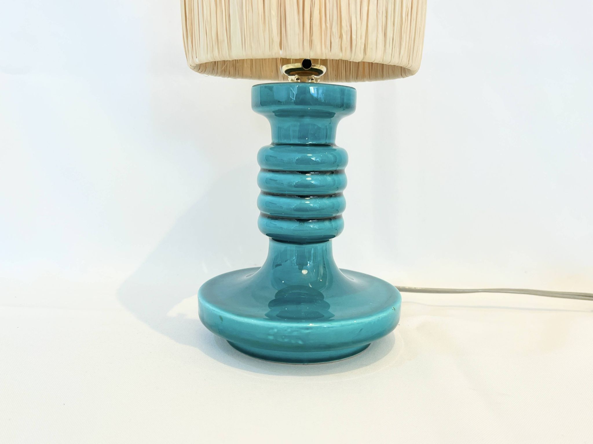 Art Deco green ceramic candle holder lamp base with raffia shade