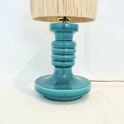 Art Deco green ceramic candle holder lamp base with raffia shade