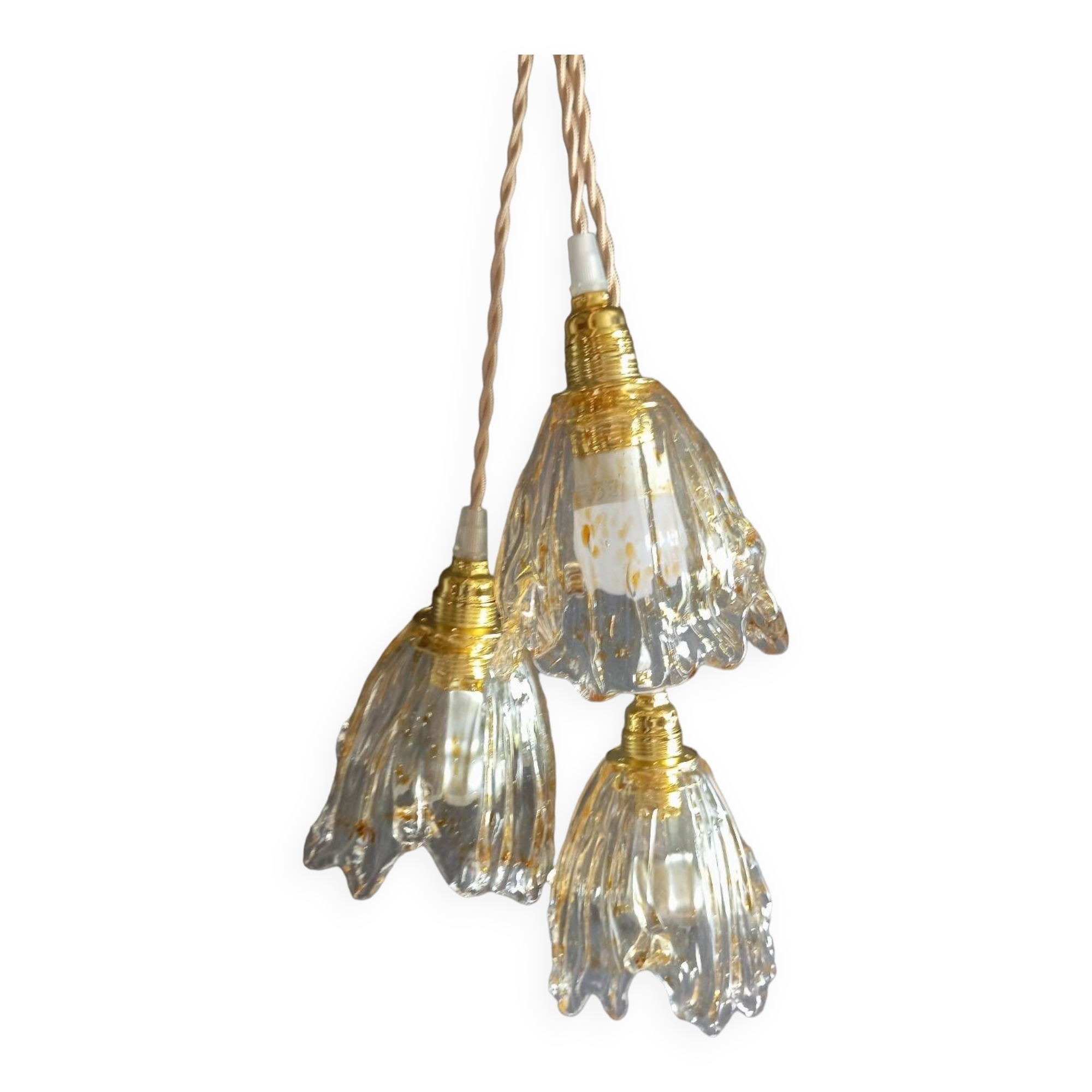 Lustre 3 suspensions verre drappé miel Murano, 1979/80