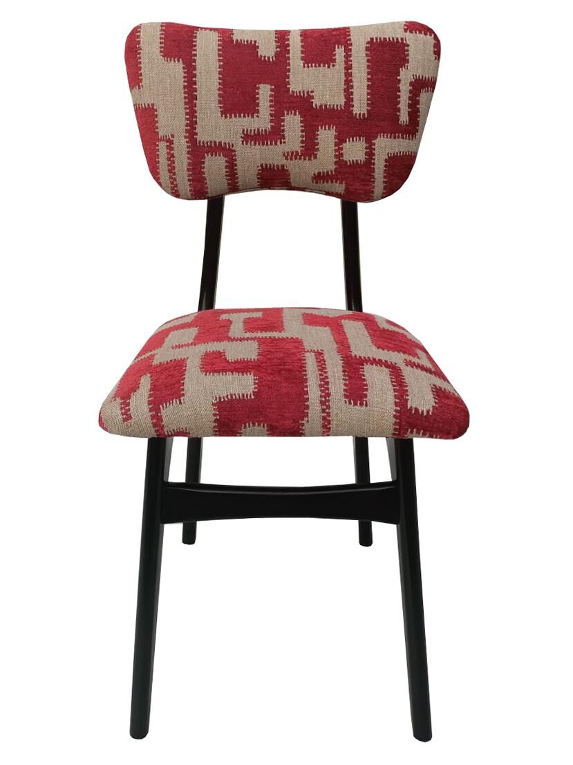 Chaise papillon du milieu du siècle, tissu jacquard rouge beige, bois noir, Europe, années 1960