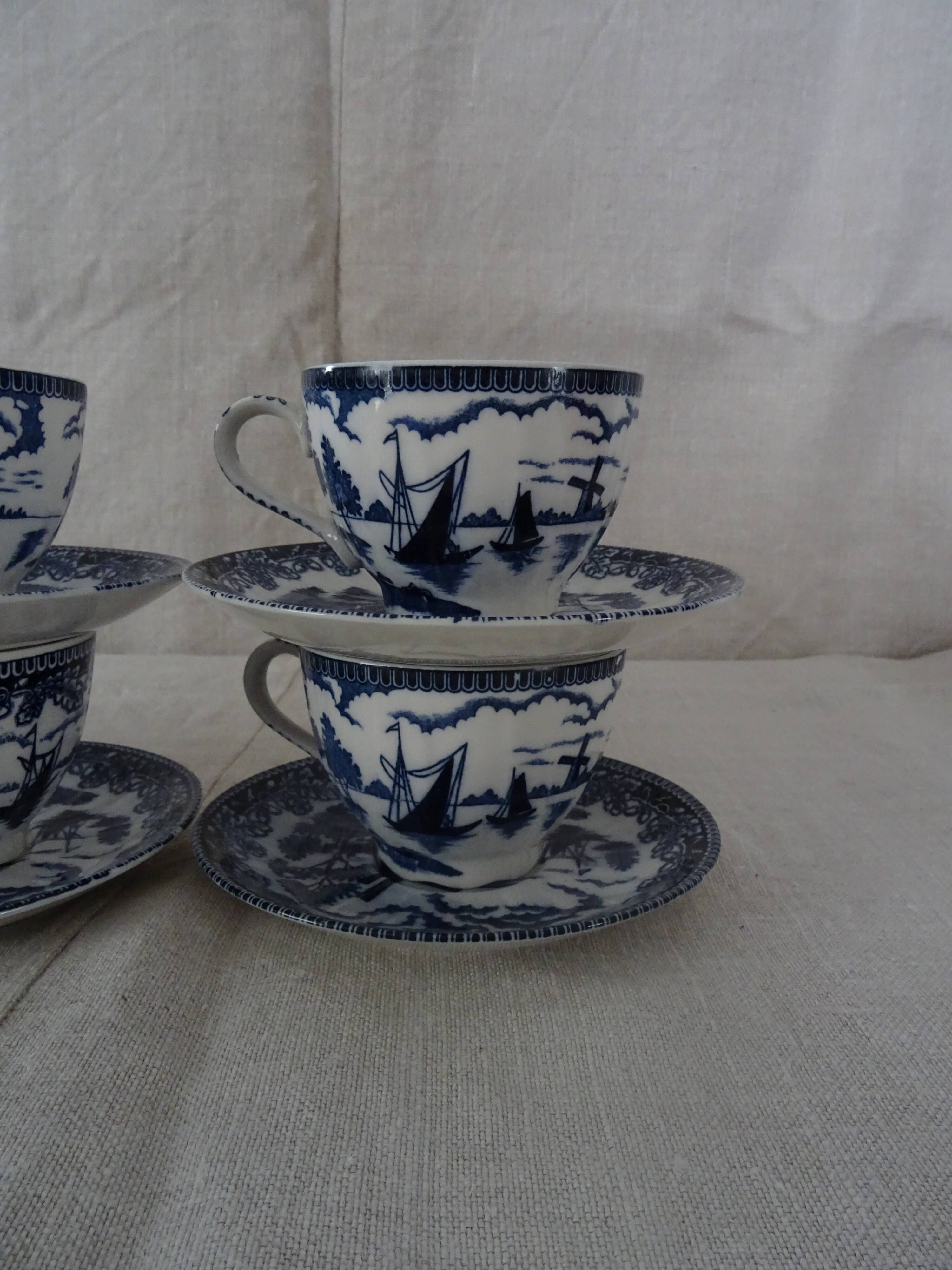 6 cups & under coffee cups décor delft blue boat mill faience