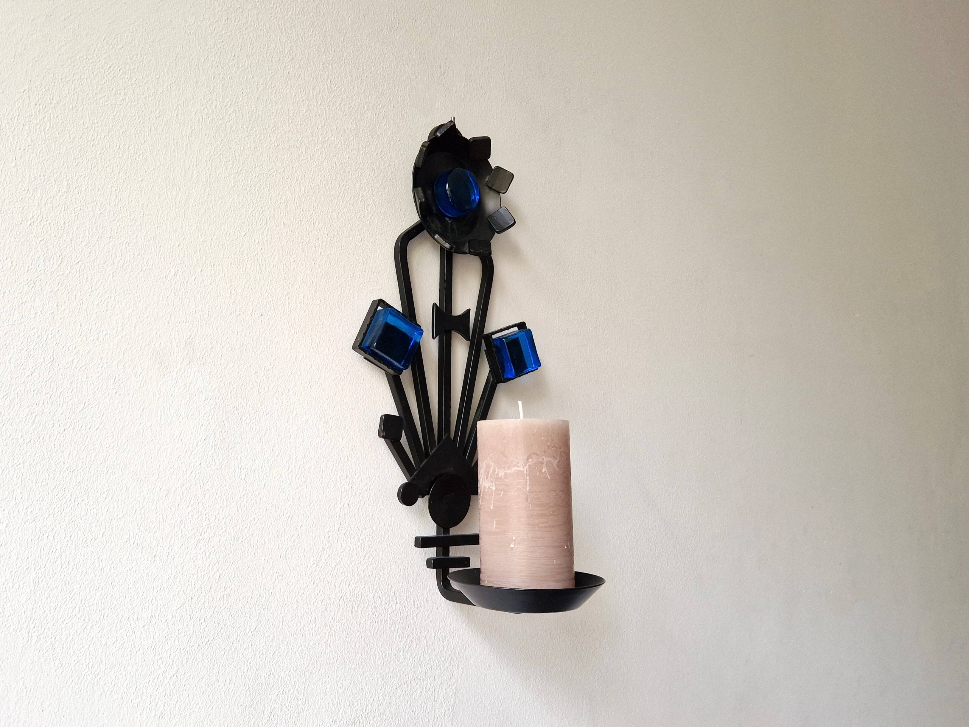 Sculptural Iron and blue glass candle sconce for Dantoft, Denmark 1960's/1970's