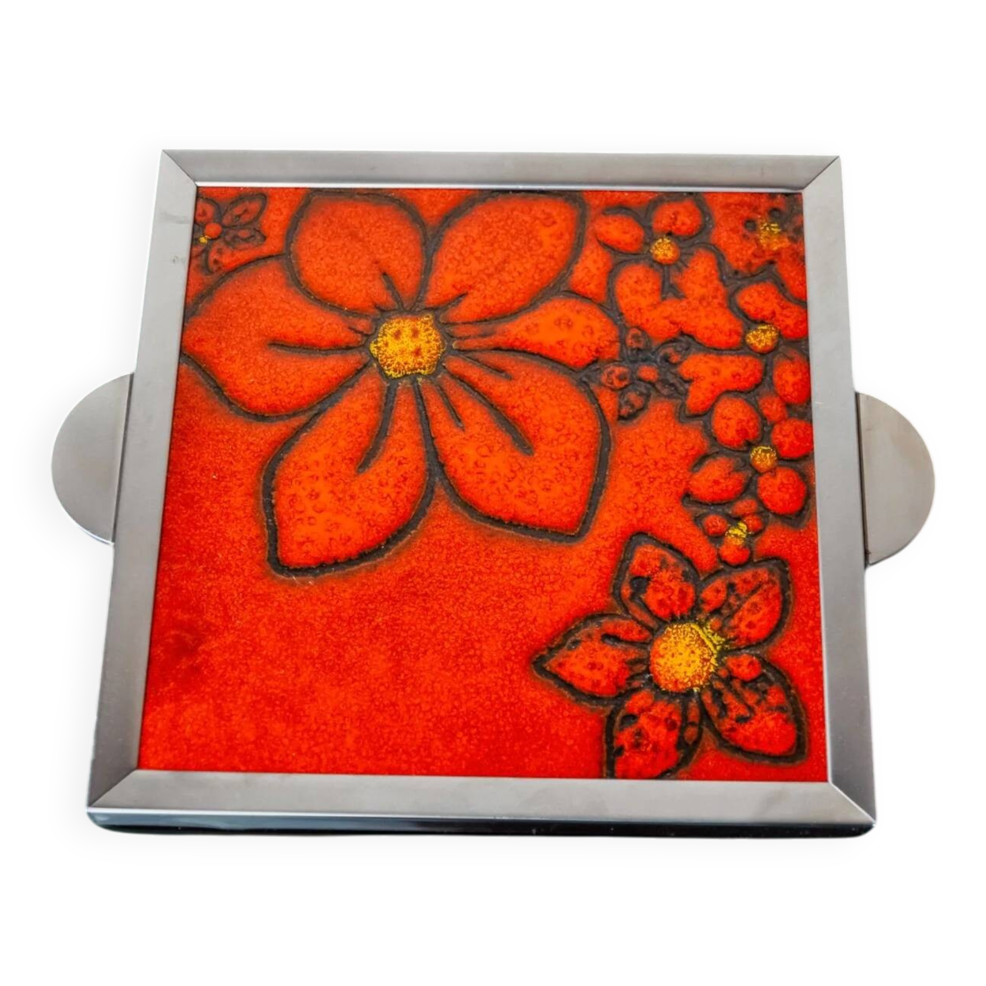 Space age floral red ceramic trivet, Spain, 1970s