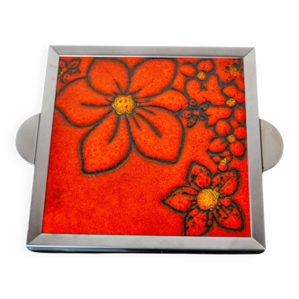 Space age floral red ceramic trivet, Spain, 1970s
