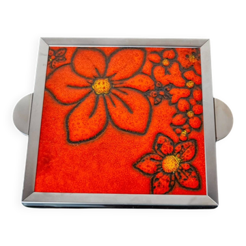 Space age floral red ceramic trivet, Spain, 1970s