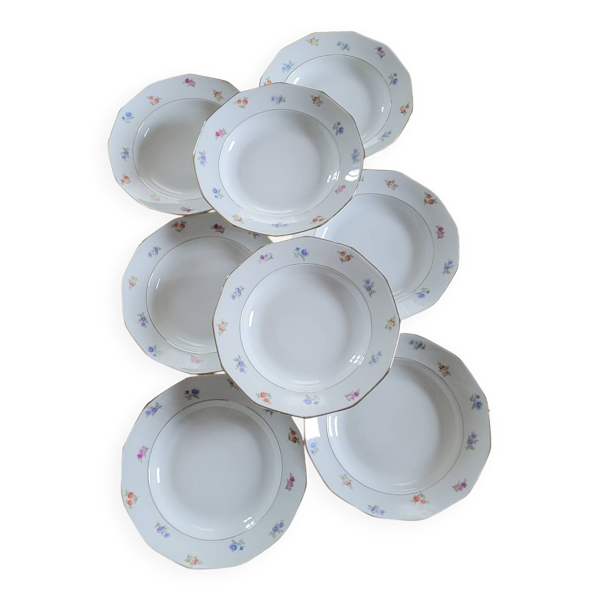 8 assiettes creuses à 12 pans – porcelaine fleurie à liseré doré