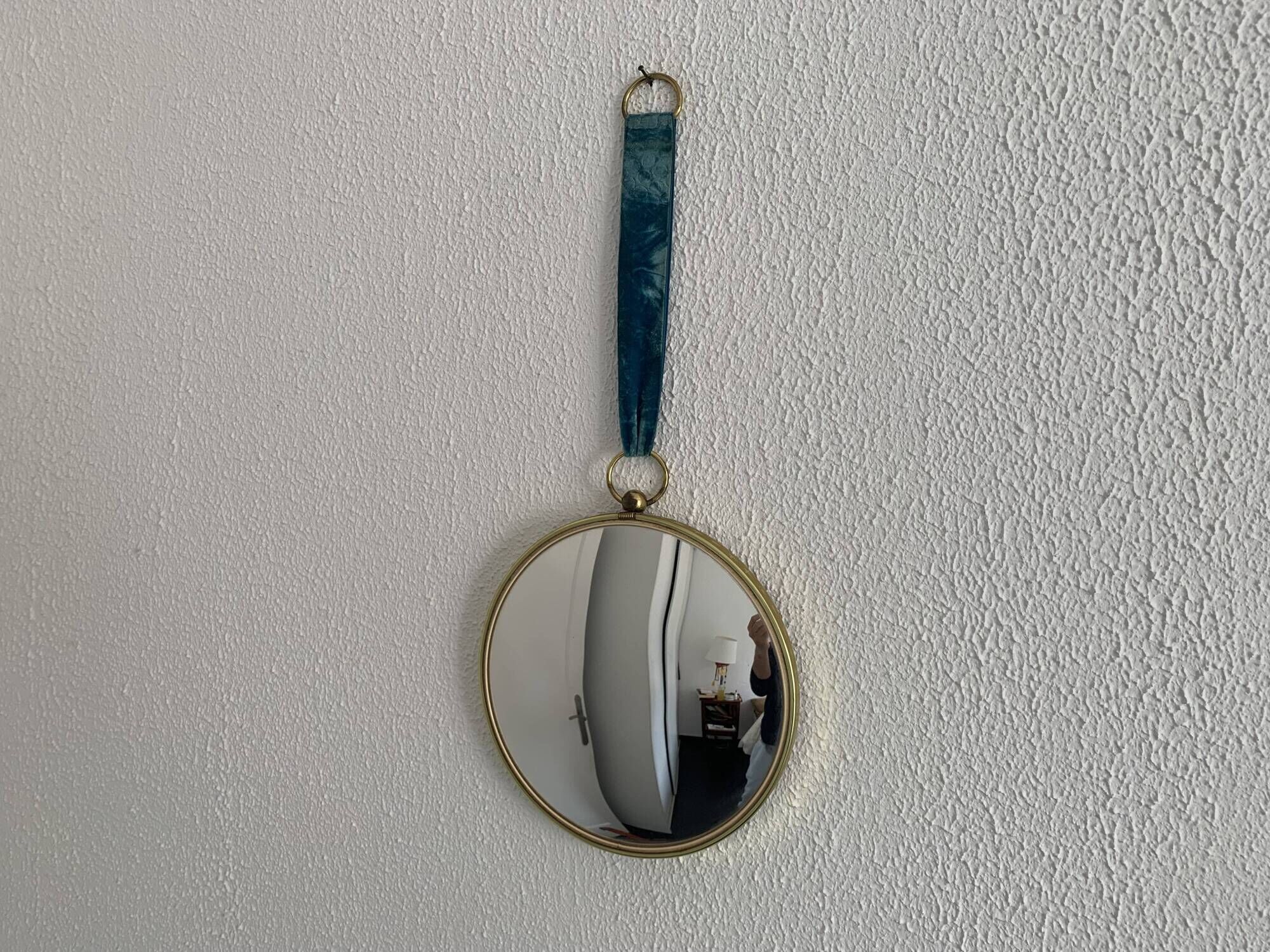 Vintage 1960 witch's eye mirror turquoise velvet sun - 24 x 54 cm