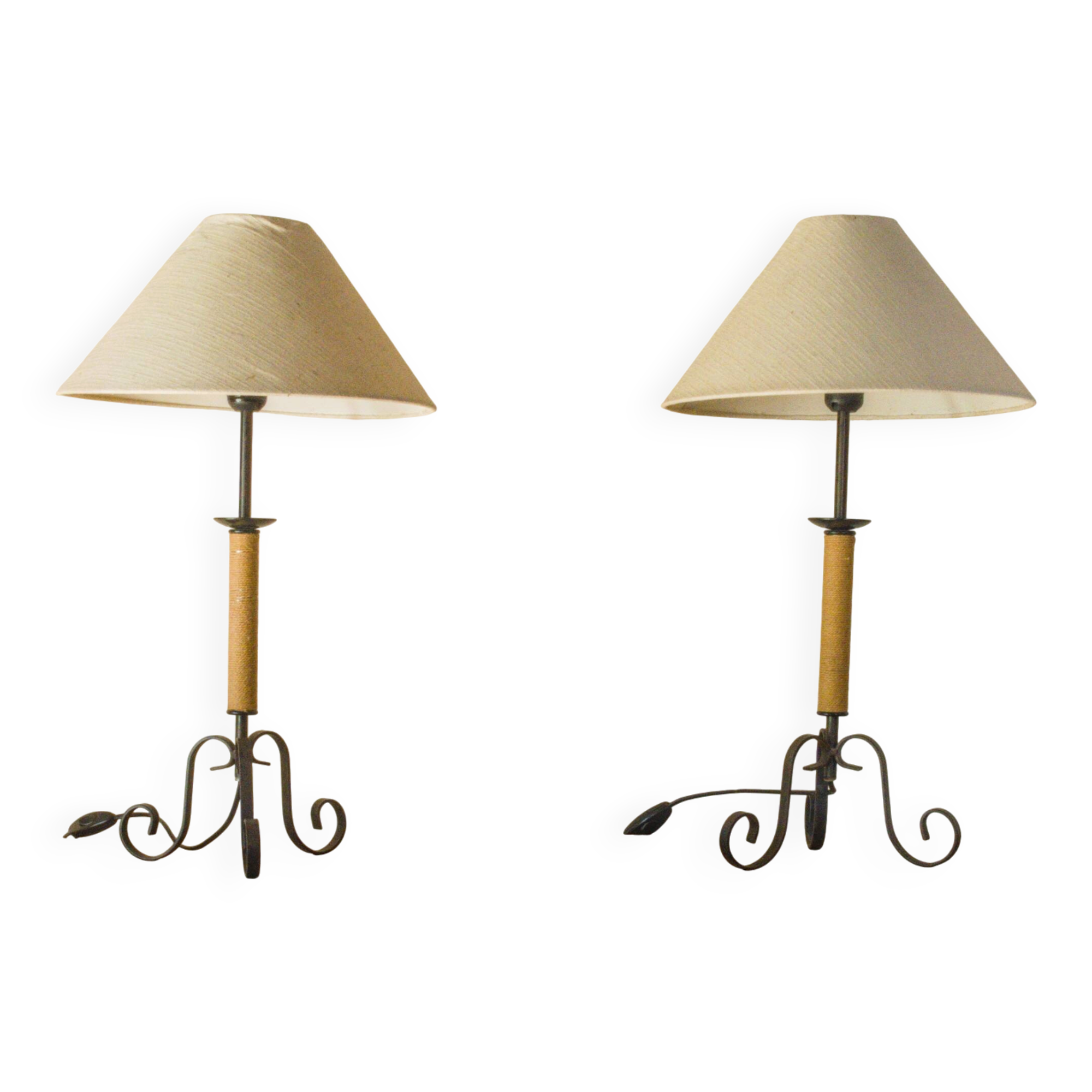 Pair of wrought iron and rope table lamps, adjustable lampshade.