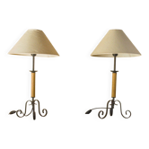 Pair of wrought iron and rope table lamps, adjustable lampshade.