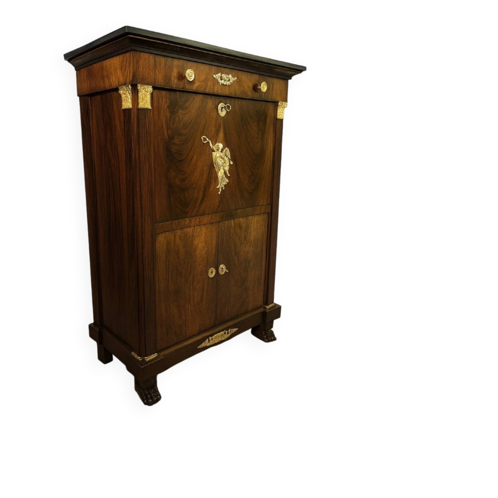 Rare secrétaire époque Empire en acajou a quatre colonnes surmontées de cha