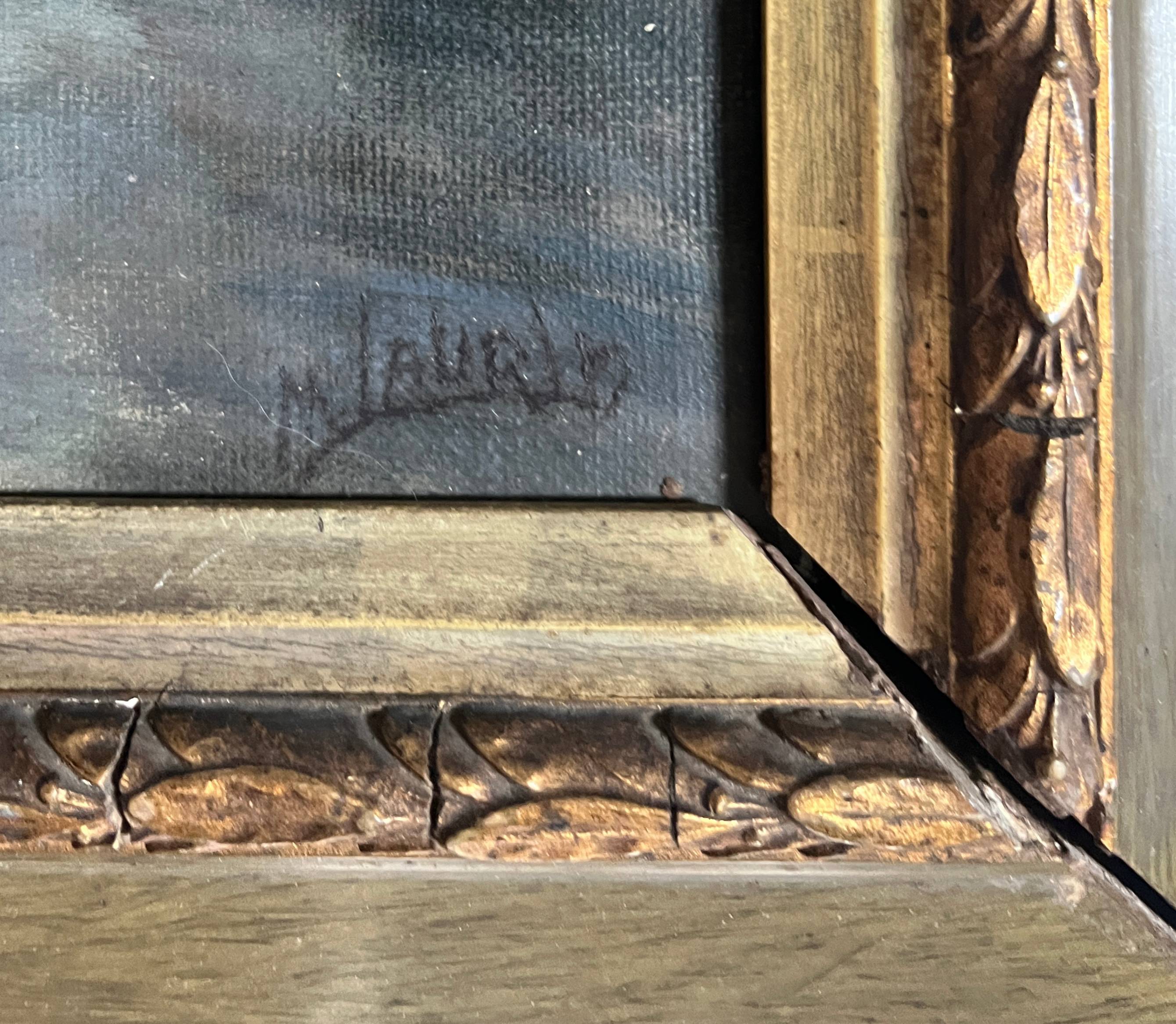 Pendant of HST painting "Landscape in the moonlight" signed + frame circa 1920