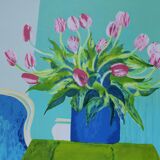 Bouquet of tulips, lithograph signed Roger Mühl, imp. Mourlot, c. 1980-1990