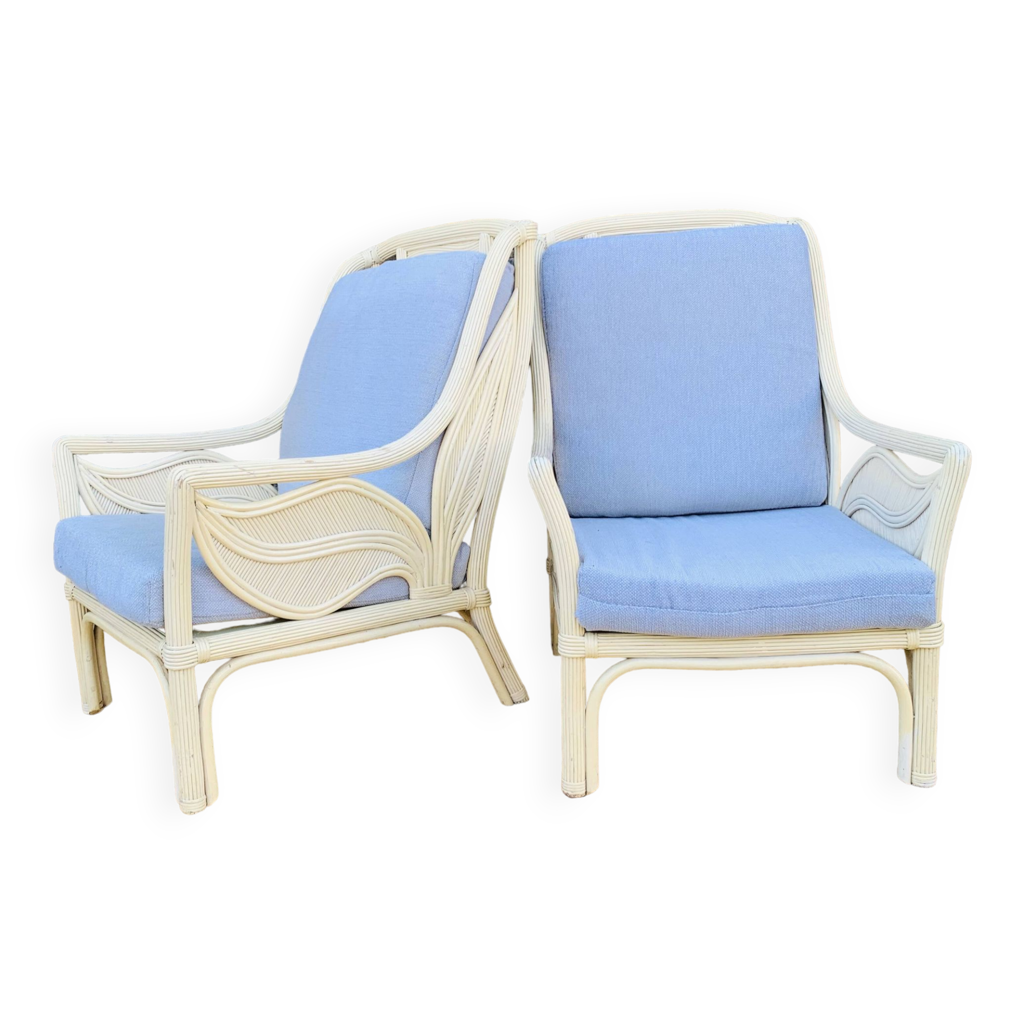 Pair of white rattan armchairs