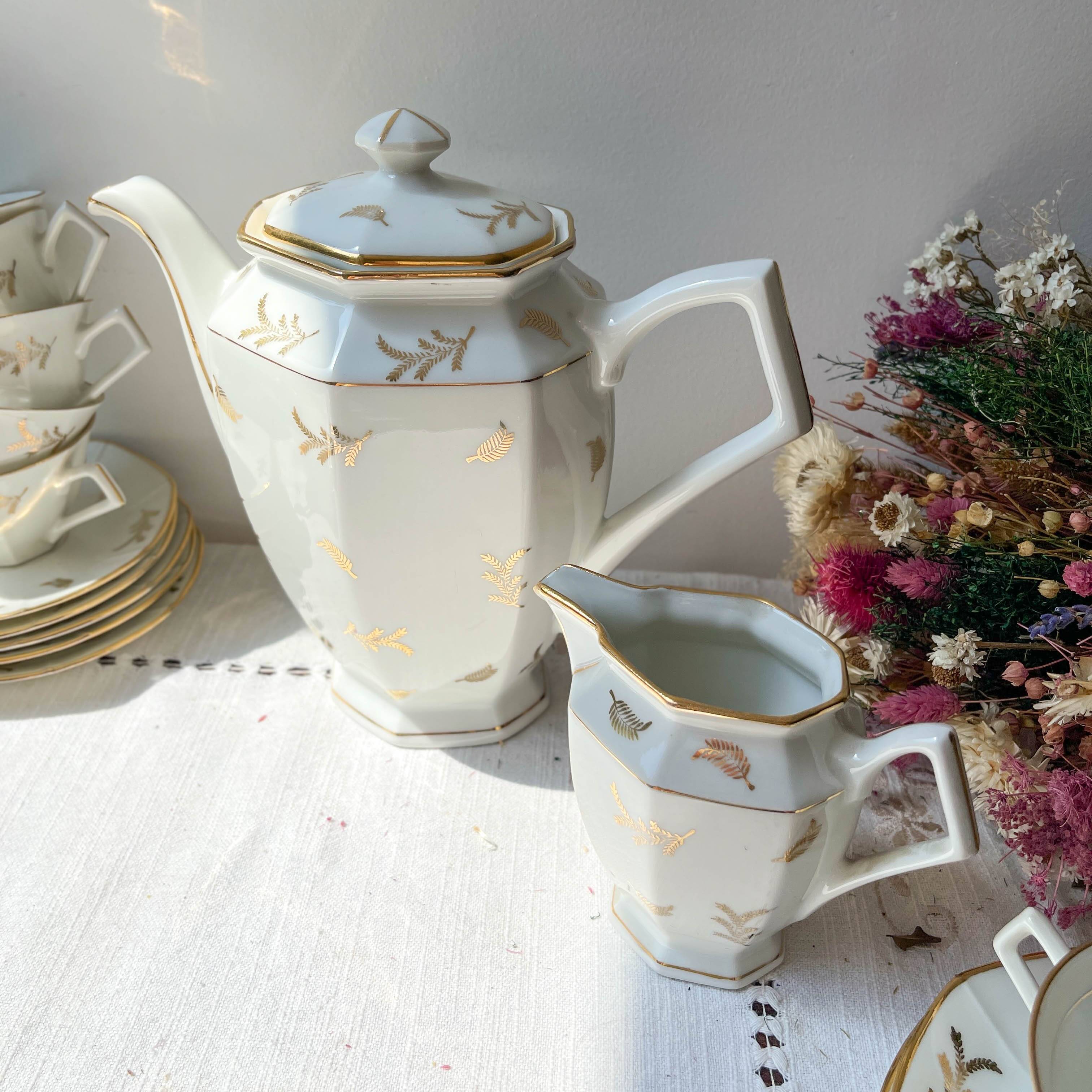 Vintage tea/coffee set in white porcelain with Limoges gold trim