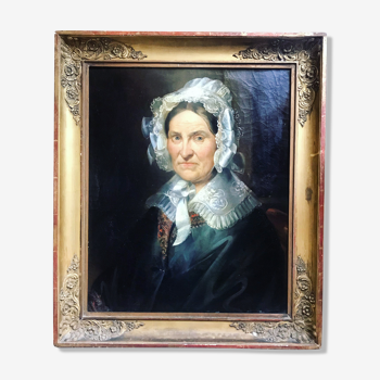 Portait "dame à la coiffe" huile sur toile entre 1820 et 1860. non signé. cadre ancien.