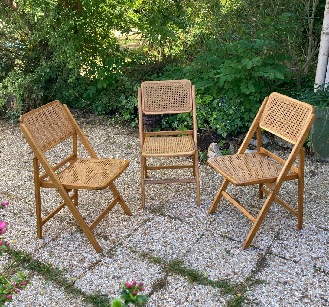 Lot de 3 chaises pliantes en bois et cannage