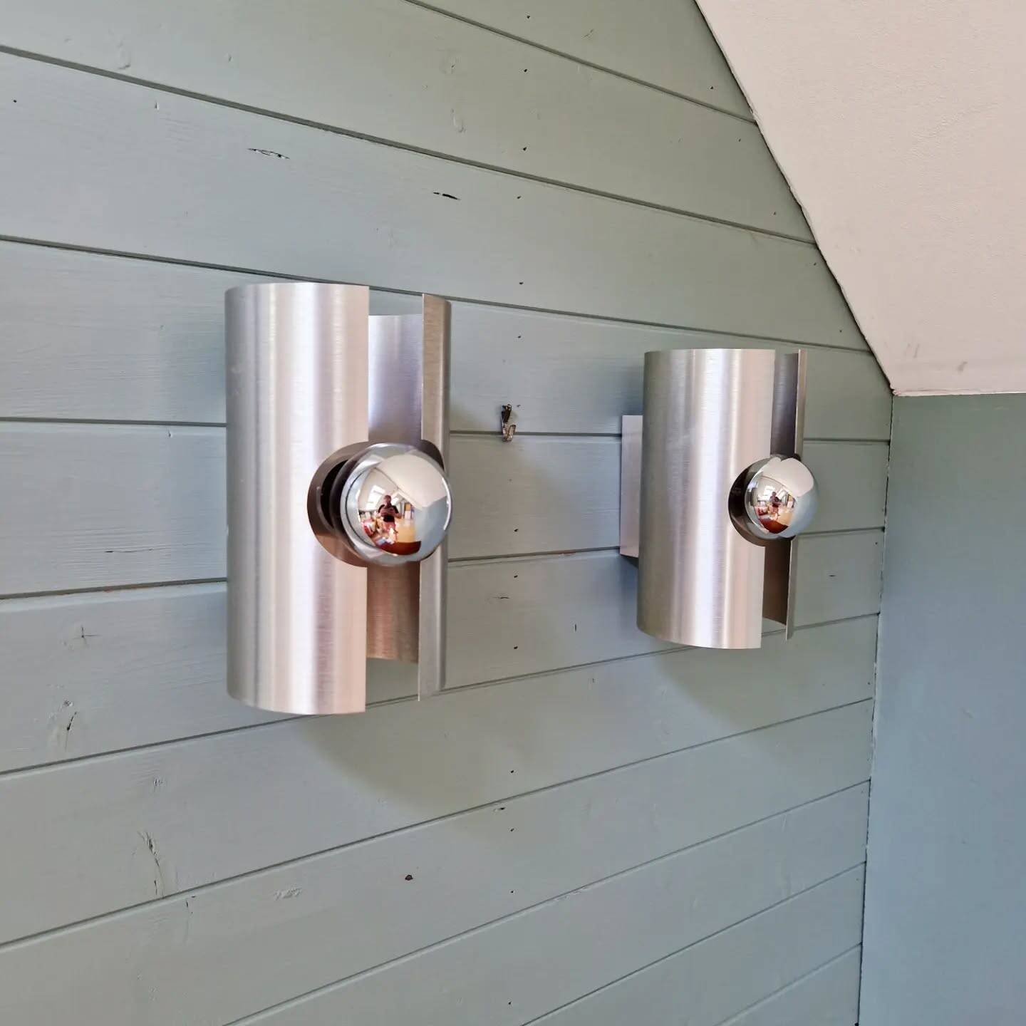 Pair of Space Age wall sconces in brushed aluminium, 1970.