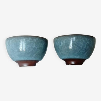 Lot de 2 bols à thé bleus japonais en céramique glaçure craquelée