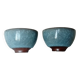 Set of 2 japanese blue cracked glaze ceramic tea bowls