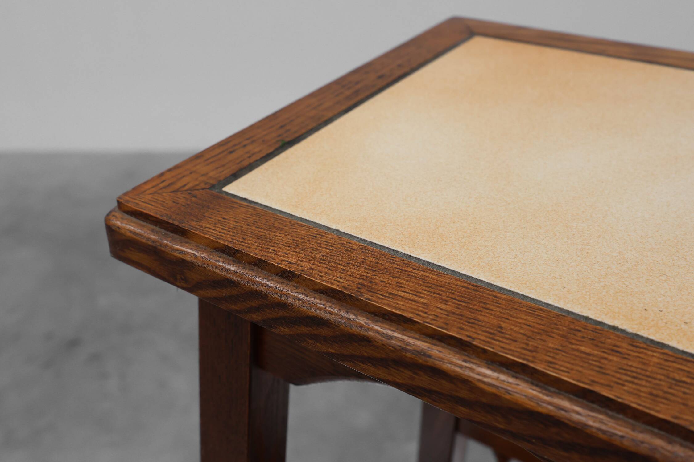 Pair of 20th century rustic wooden side tables with ceramic tile top