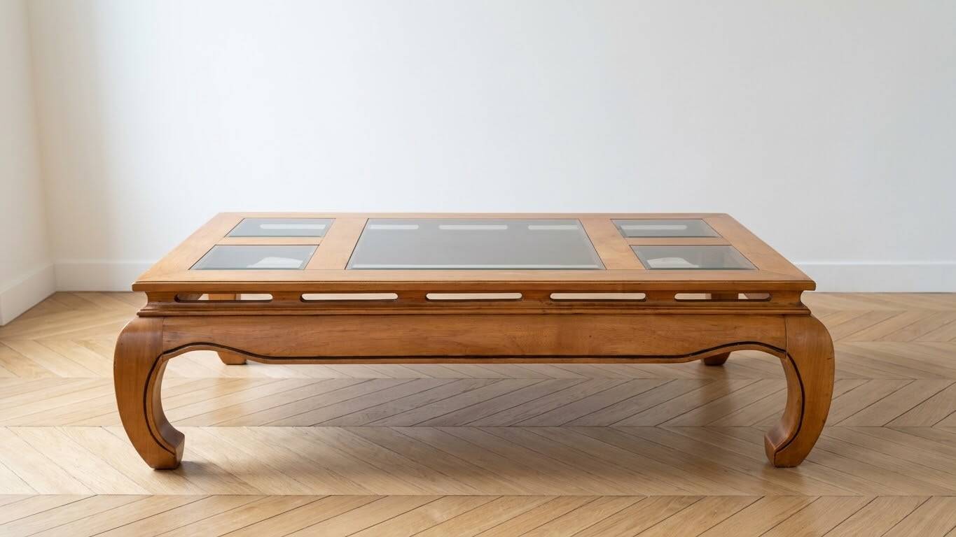 Coffee table in solid cherry wood with glass tops.